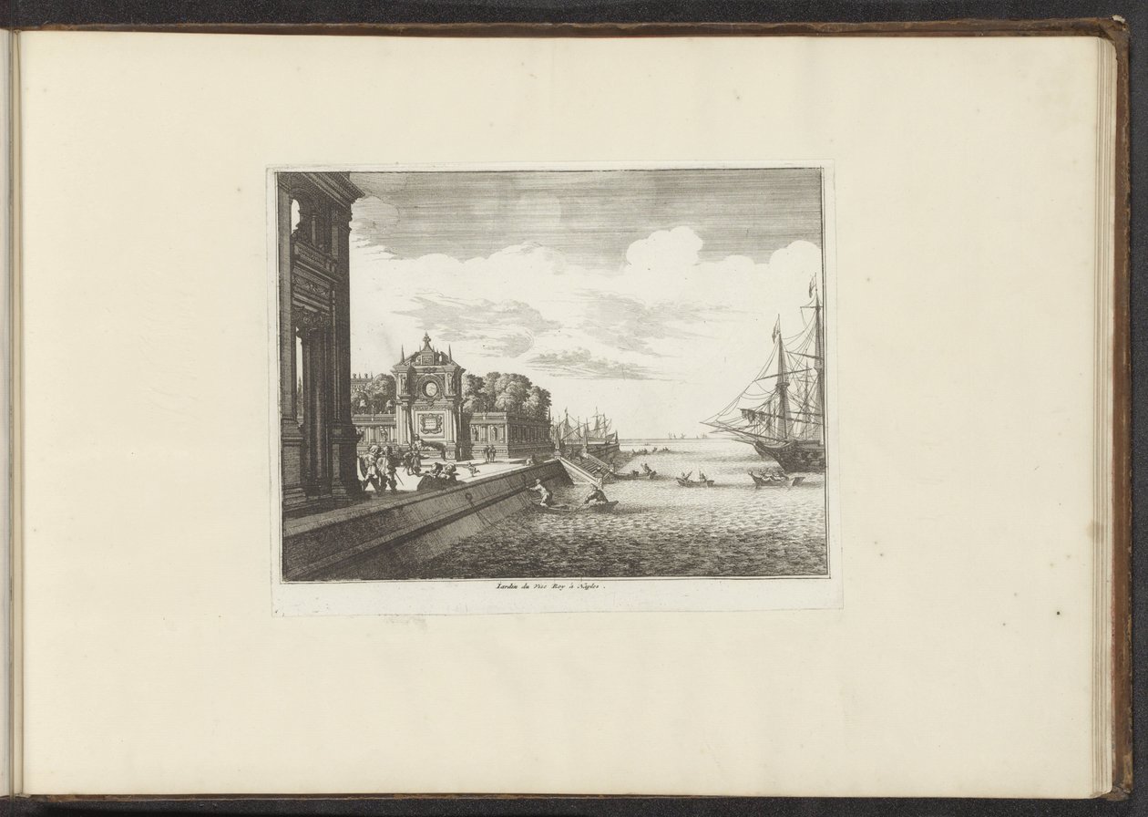 Utsikt över palatsträdgårdar vid kusten i Neapel Jardin du Vise Roy à Neapel (titel på objekt) Palats och monument i Venedig, Livorno, Neapel och Rom (serietitel) av Anonymous