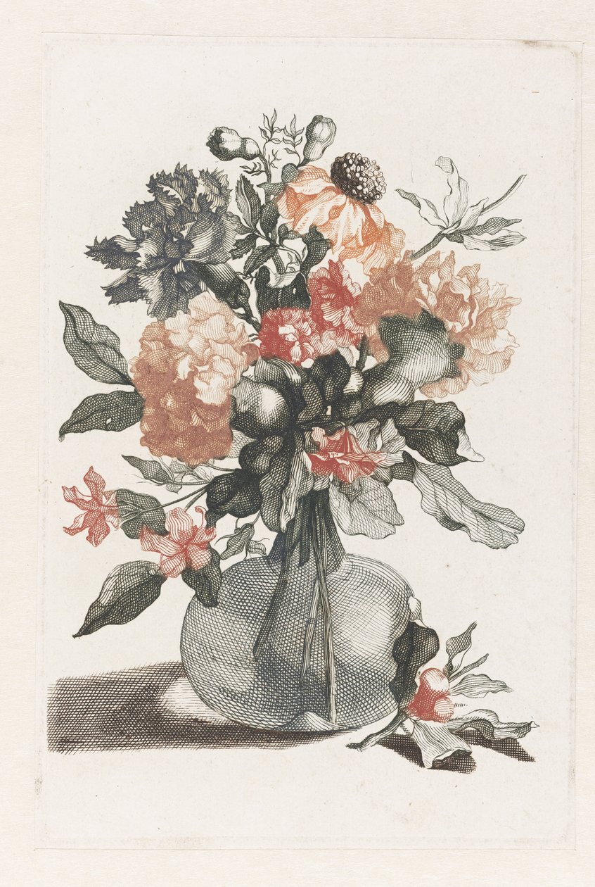 Glasvas med blommor och en gren med blomma framför vasen av Anonymous