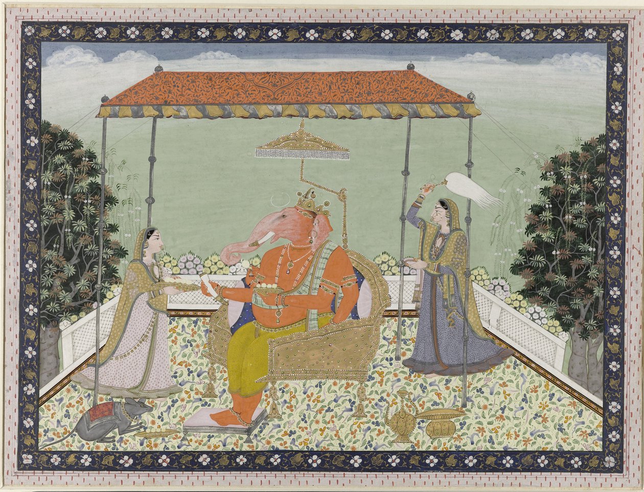 Guden Ganesha (Ganapati) med elefantsnabel med sina två tjänarinnor Siddhi och Buddhi under en balkong av Anonymous