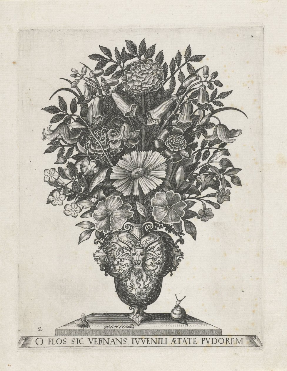 Grotesk vas med tre mascarons Vaser med blommor (serietitel) av Anonymous