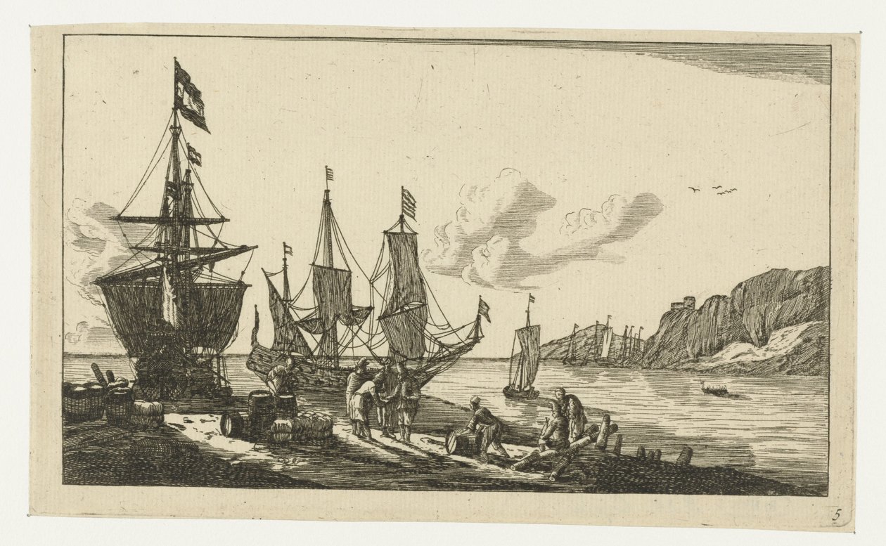 Hamn med segelfartyg och sjömän på kajen av Anonymous
