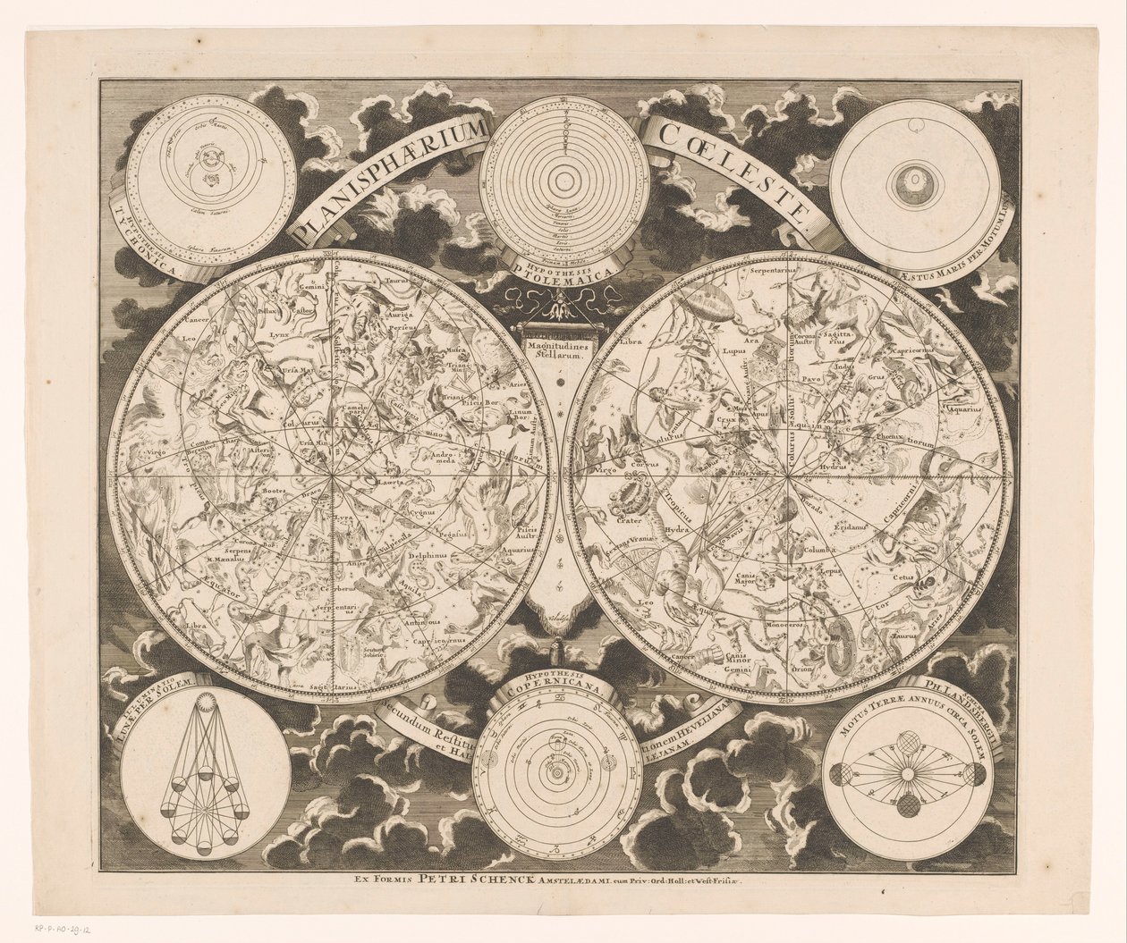 Himmelskarta med de norra och södra konstellationerna Planisphaerium coeleste (titel på objekt) av Anonymous