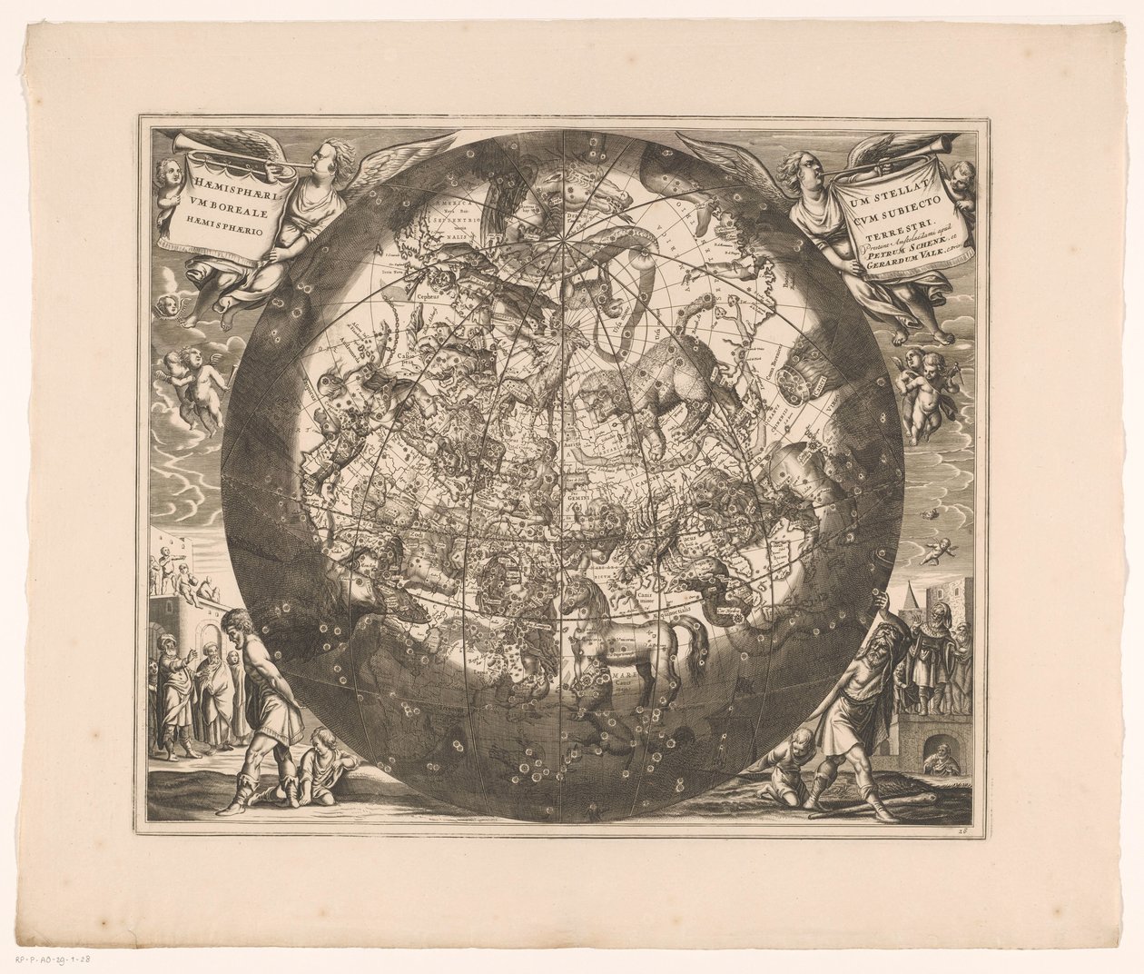 Himmelskarta med de norra konstellationerna Haemisphaerium stellatum boreale cum subiecto haemisphaerio terrestri (titel på objektet) av Anonymous