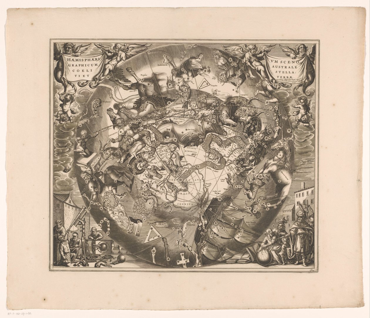 Himmelskarta med de södra konstellationerna Haemisphaerium scenographicum australe coeli stellati et terrae (titel på objekt) av Anonymous