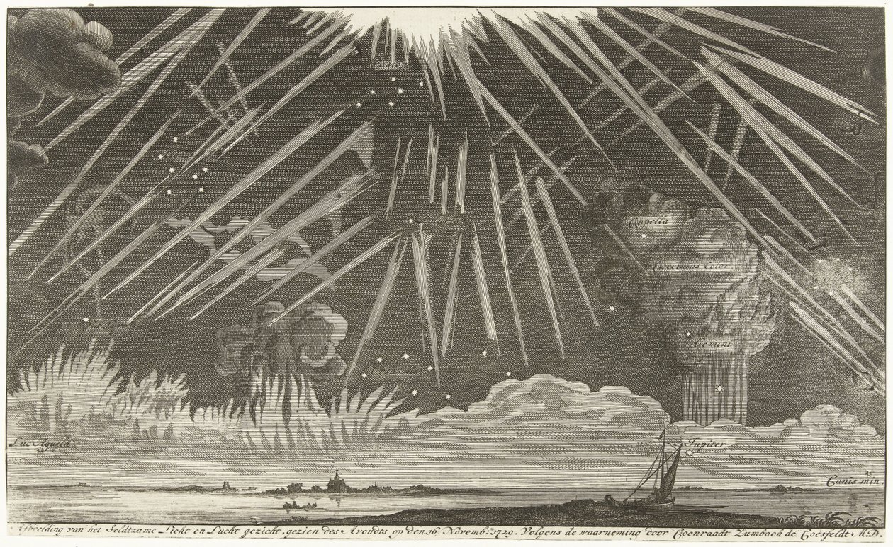 Himmelsfenomen, 1729 Bild av Seldtzame Light and Sky-vyn, sedd på kvällen den 16 november: 1729. Enligt observationen av Coenraadt Zumbach de Croesfeldt M.D. (titel på objekt) av Anonymous