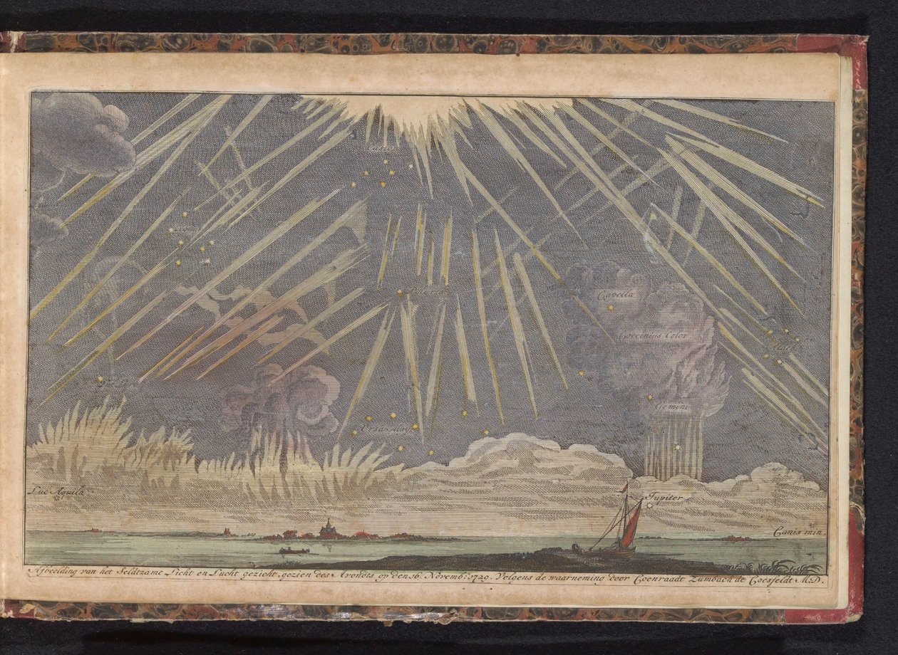 Himmelsfenomen, 1729 Bild av Seldtzame Light and Sky-vyn, sedd på kvällen den 16 november: 1729. Enligt observationen av Coenraadt Zumbach de Croesfeldt M.D. (titel på objekt) av Anonymous