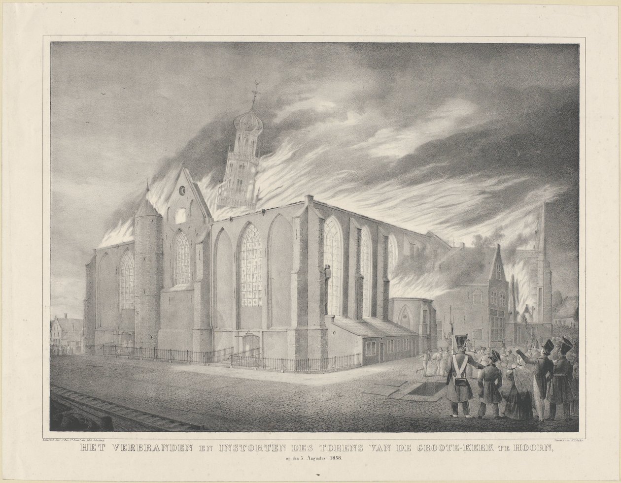 Bränningen och kollapsen av tornen på Groote-Kerk i Hoorn, den 3 augusti 1838 (titel på objektet) av Anonymous