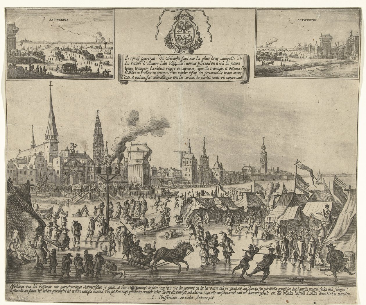 Isunderhållning på den frusna Schelde i Antwerpen, 1684 Le vray poutraict, du Triomphe faict sur la glace demy navigable, de la riviere d
