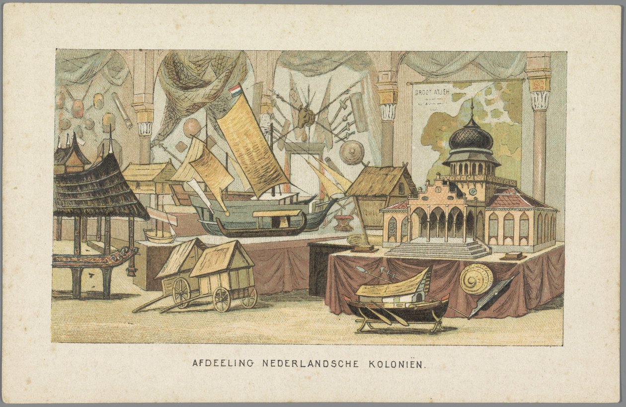 I byggnaden av de holländska kolonierna på världsutställningen i Amsterdam, 1883 Department of the Dutch Colonies (titel på objekt) Minne av Amsterdam 1883 (serietitel på objekt) av Anonymous