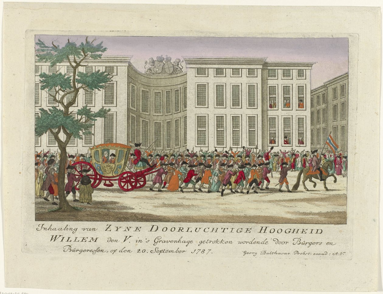 Omkörning av prinsen av Orange, 1787 Omkörning av Zyne Serene Highness Willem den V. dras i Haag av Burgers och Burgeressen, den 20 september 1787 (titel på objekt) Färgade tyska tryck om händelserna i av Anonymous