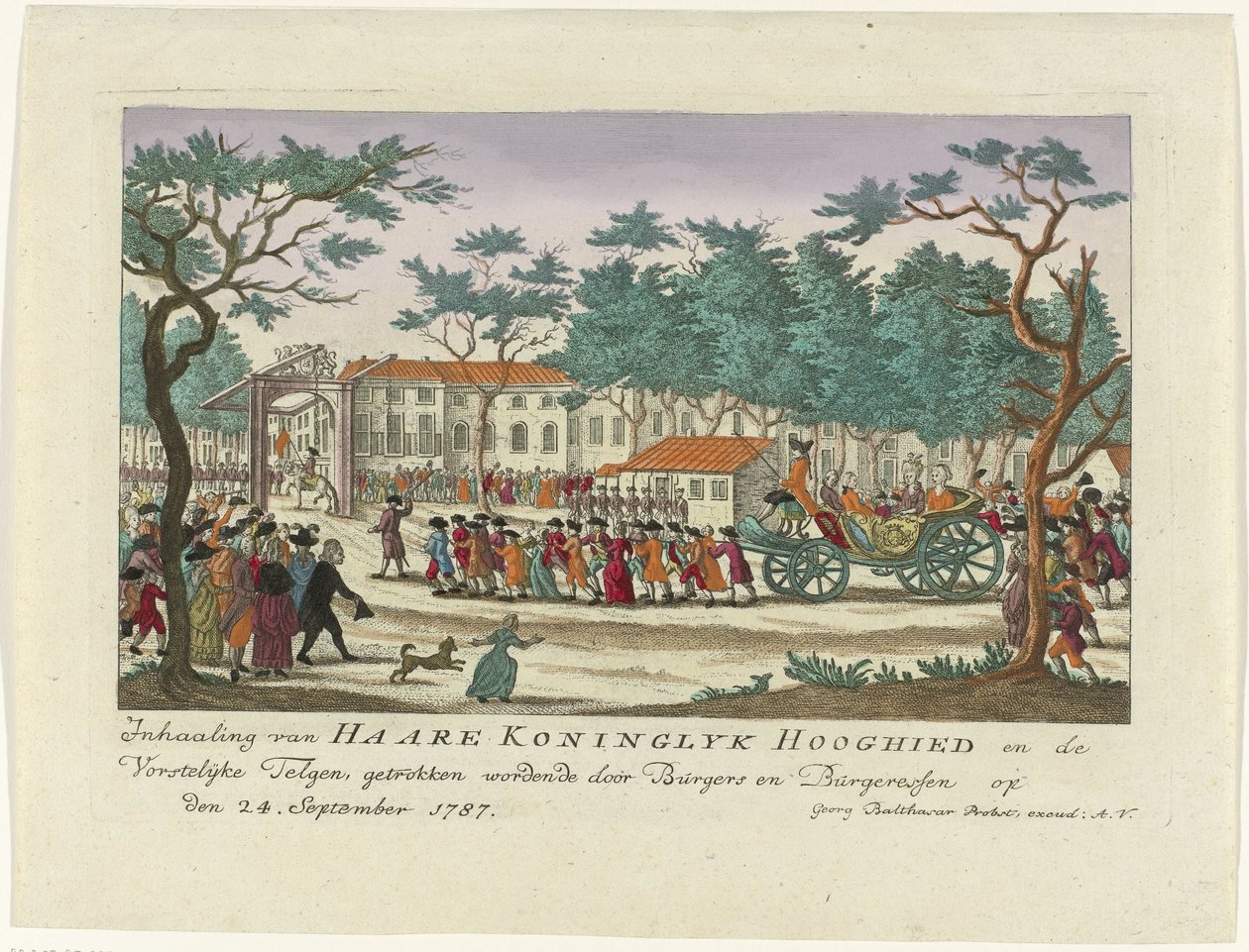 Omkörning av prinsessan av Orange och barnen, 1787 Omkörning av Haare Koninglyk Hooghied och Royal Scions, ritad av Burgers och Burgeressen den 24 september 1787 (titel på objektet) Färgade tyska tryck om evenemanget av Anonymous