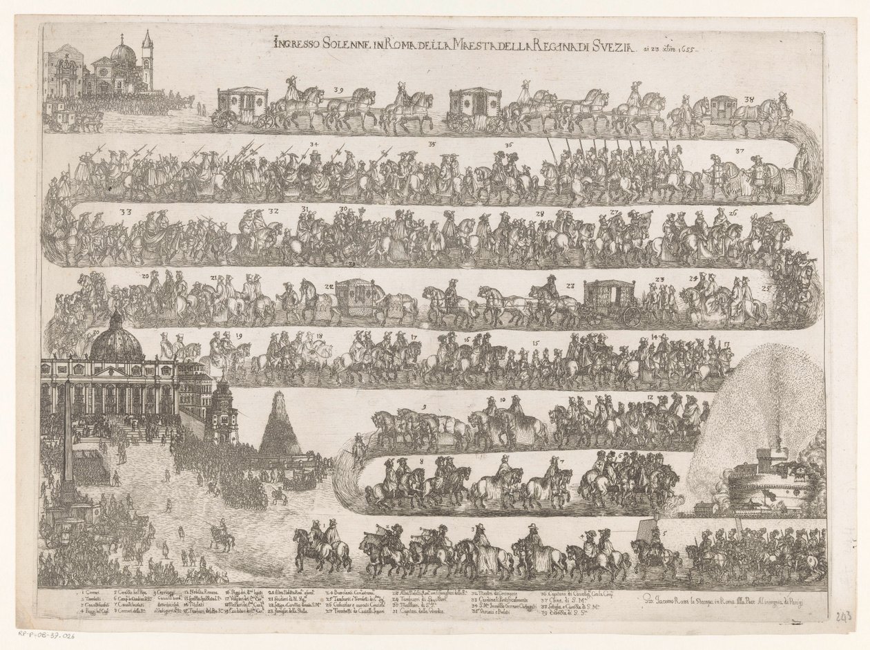 Drottning Christina av Sveriges intåg i Rom Ingresso Solenne in Roma della Maestra della Regina di Svezia ai 23 xbre 1655 (titel på objekt) av Anonymous