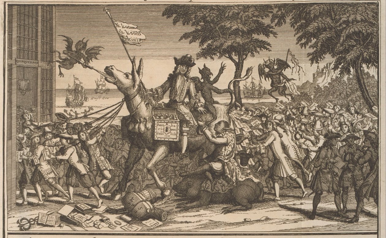John Law om Sancho Panzas åsna, 1720 Law, som en andra Don-Quichot, hånar Sanches Graauwtje (titel på objektet) The Great Scene of Folly (serietitel) av Anonymous