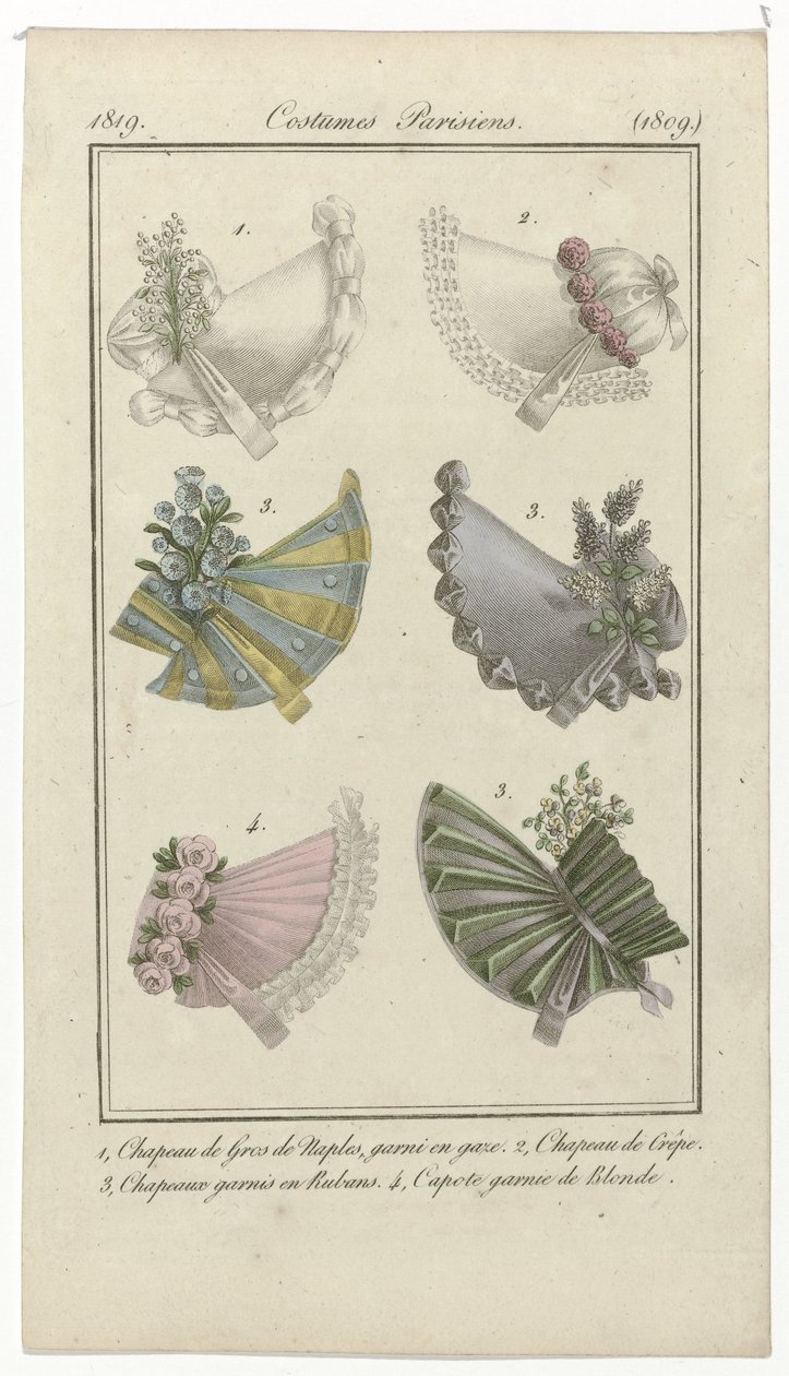 Journal des Dames et des Modes, Costumes Parisiens, 15 april 1819, (1809): 1, Gros de Naples Hat (...) av Anonymous