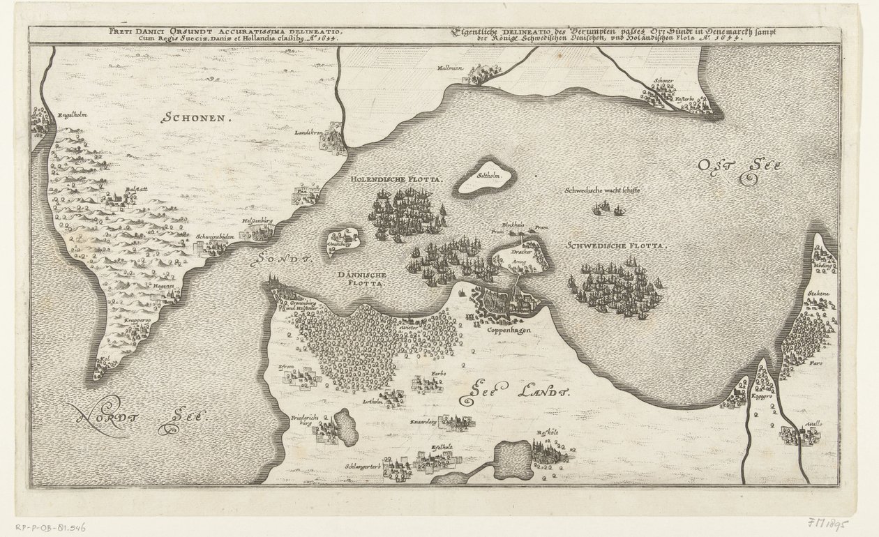 Karta av de zeeslag mellan de Zweedse en Deense vloten in de Belt, 1644 Det mest exakta sjökortet över det danska Örsundtsundet med kungen av Sverige, Danmark och Holland klassibg. Ao. 1644 (titel på objekt) Eigentliche Delineatio des Berumpten passerar Or av Anonymous