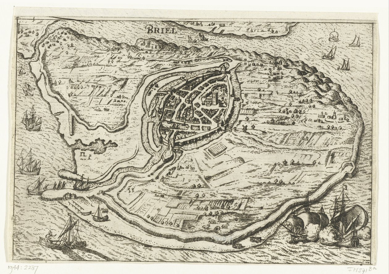 Karta över ön Voorne och karta över Brielle, 1572 Briel (titel på objekt) av Anonymous