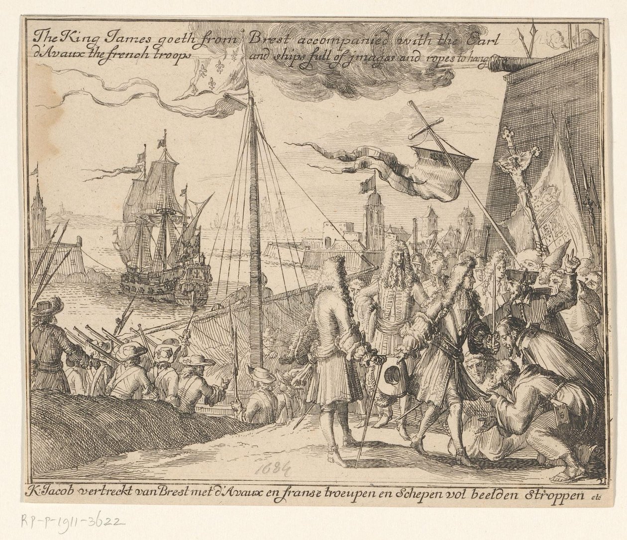 Kung James II avgår från Brest till Irland med franska trupper, 1689 King James går från Brest tillsammans med Earl d