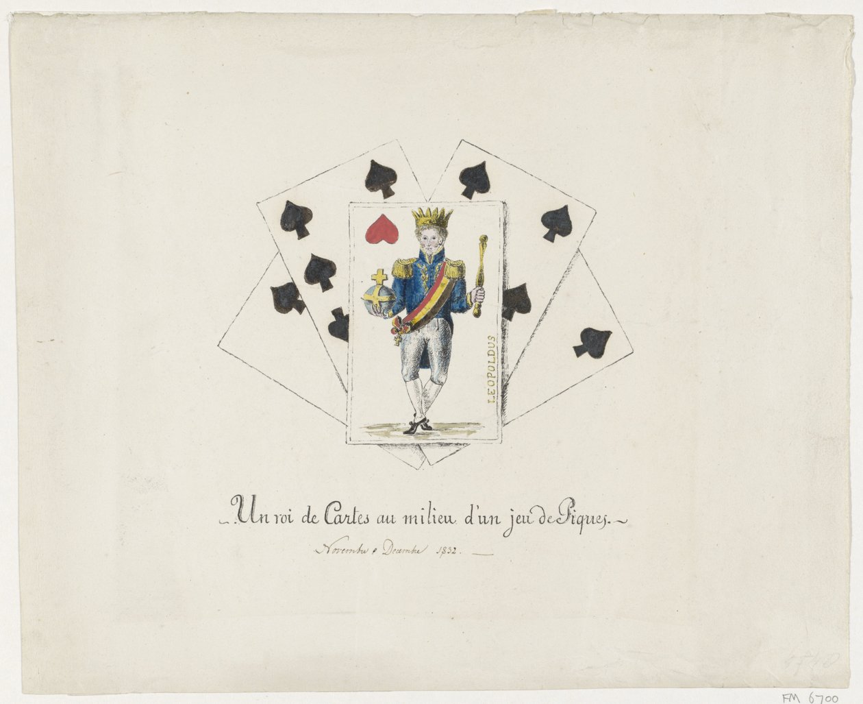 Koning Leopold I als de hartenkoning, 1831-1832 En kortkung i mitten av en spaderlek (titel på objekt) av Anonymous