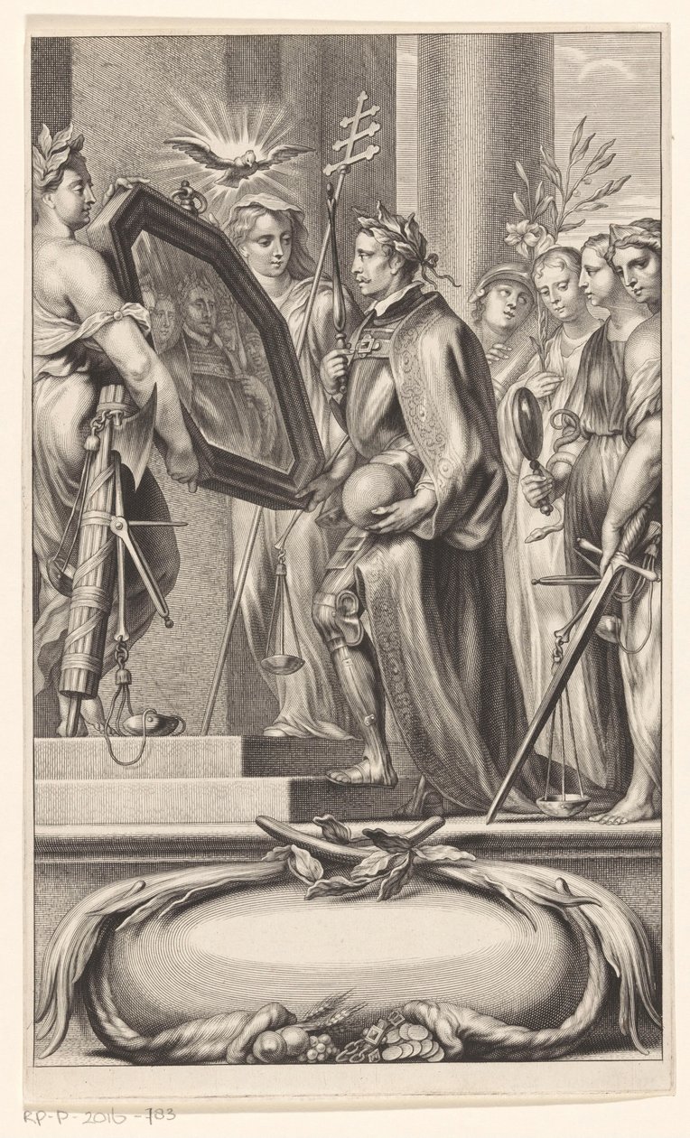 King hålls uppe i en spegel av Justice and Faith Titelsida för: Petrus Belluga och Camillo Borello, Speculum principum, 1655 av Anonymous