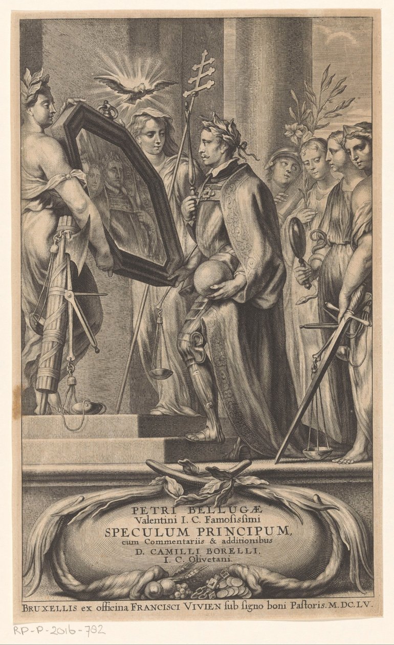 King presenteras för Spiegel av rättvisa och tro Titelsidan för: Petrus Belluga och Camillo Borello, Speculum Princip, 1655 av Anonymous