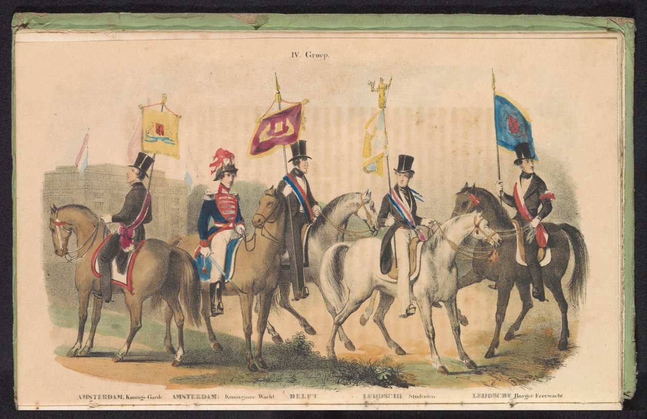 Kostymer och banderoller för hedersvakterna i Amsterdam, Delft och Leiden, 1840-1842 IV. Grupp (titel på objekt) av Anonymous