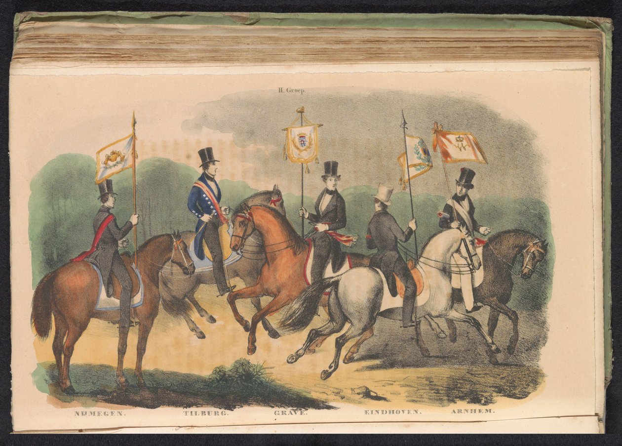 Kostymer och banderoller för hedersvakterna i Nijmegen, Tilburg, Grave, Eindhoven och Arnhem, 1840-1842 II. Grupp (titel på objekt) av Anonymous