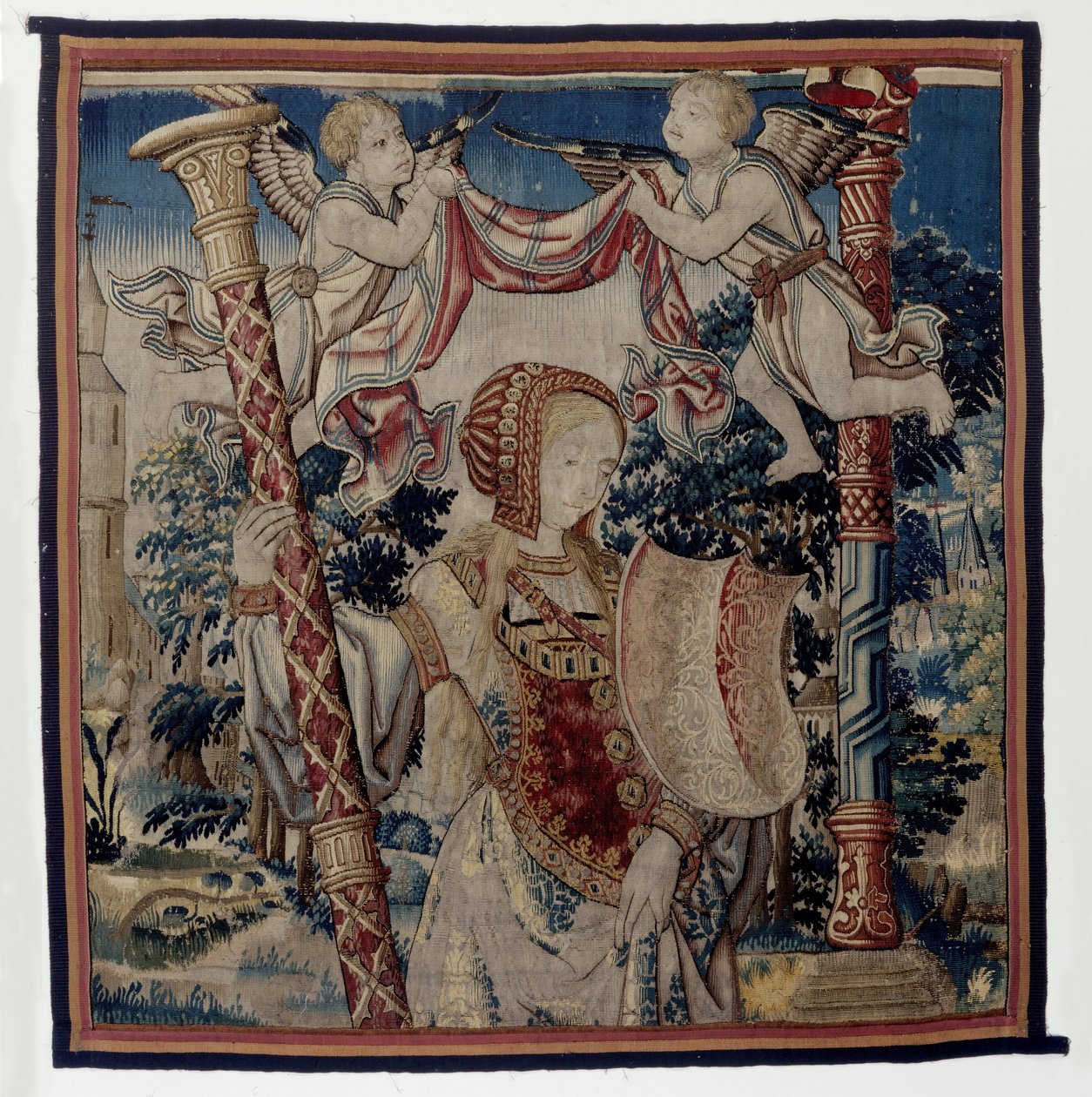 Kyskhet med två putti, fragment från kyskhetens triumf över kärleken The Triumphs of Petrarch (serietitel) av Anonymous