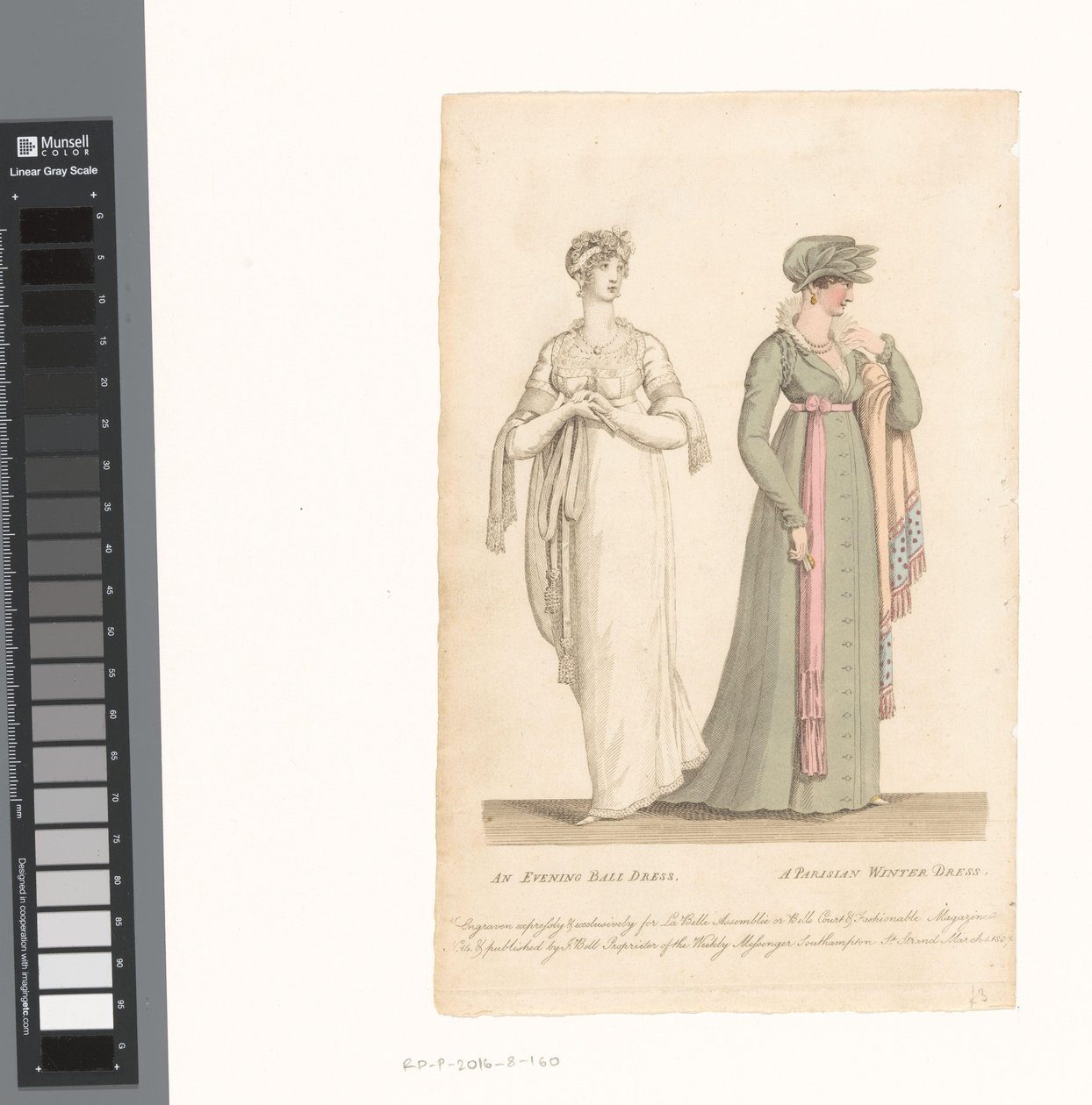 La Belle Assemblée, 1 mars 1807, nr 14: En festklänning / En parisisk vinterklänning av Anonymous
