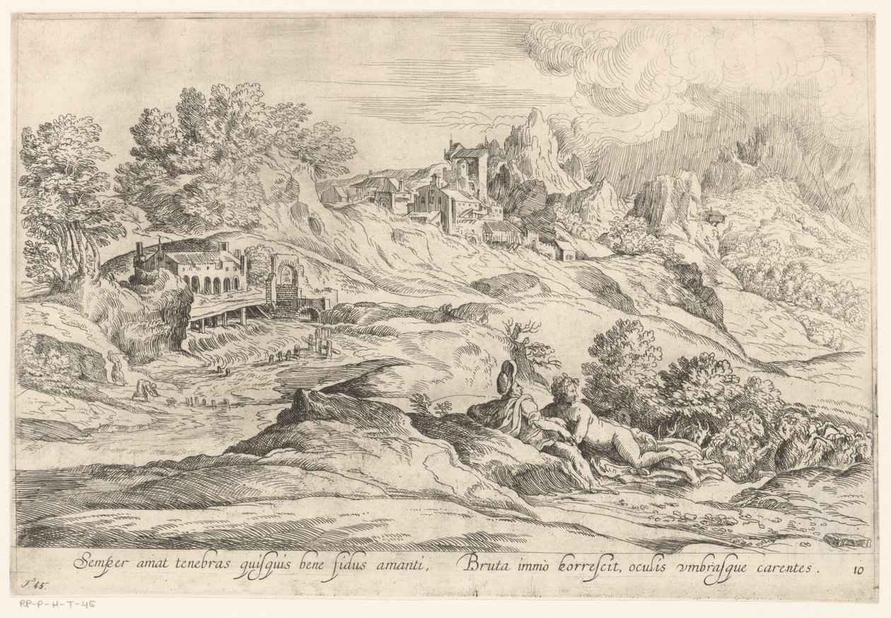 Landschap met minnend paar Den som är trogen sin älskare älskar alltid mörkret, / Den råa ryste fortfarande, hans ögon saknar skuggor (titel på objektet) Landschappen naar Domenico Campagnola (serietitel) av Anonymous