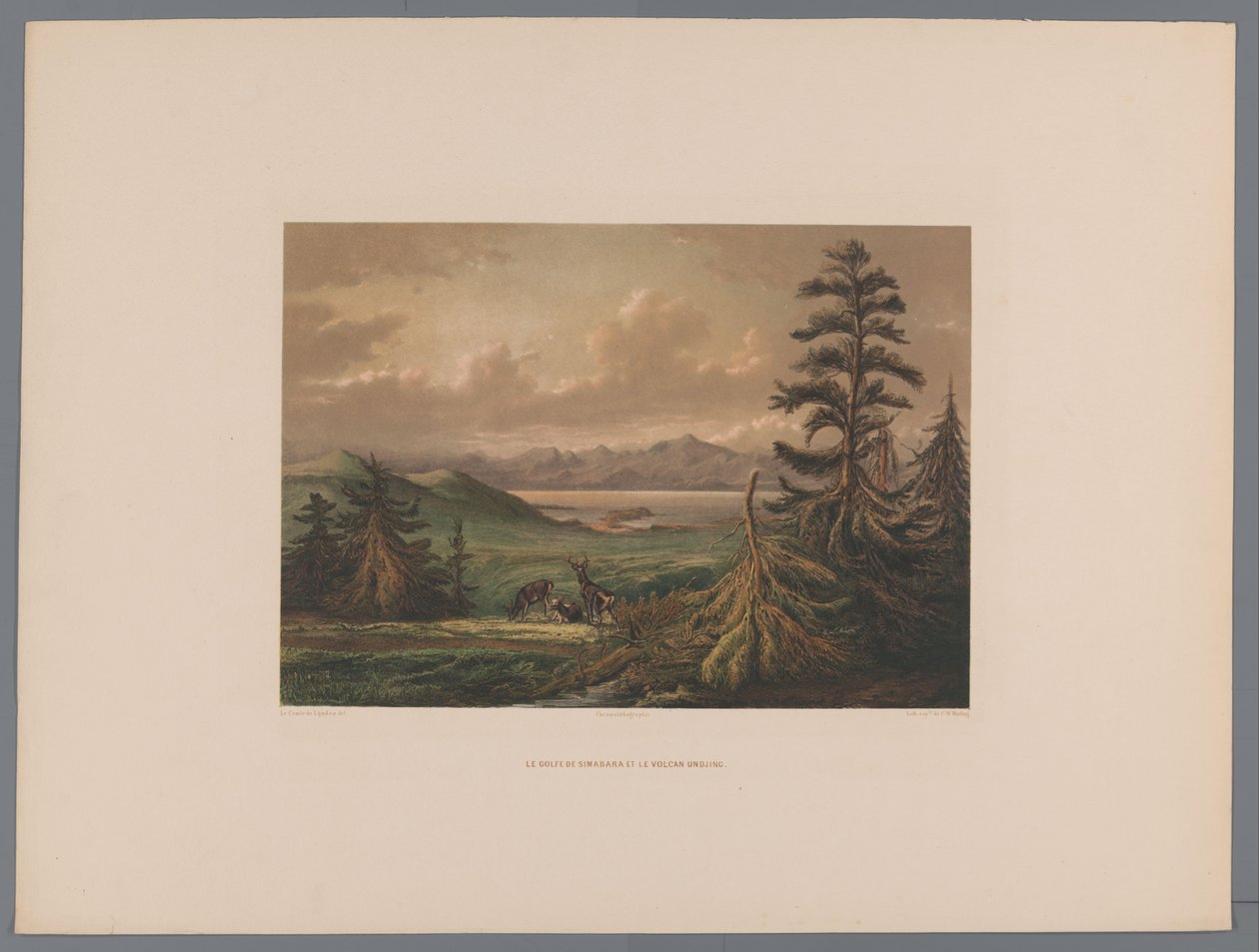Landskap med Shimabara Bay och Unzen Vulkan i bakgrunden Le golfe de Simabara et le volcan Undjing (titel på objekt) Souvenir du Japon vues d
