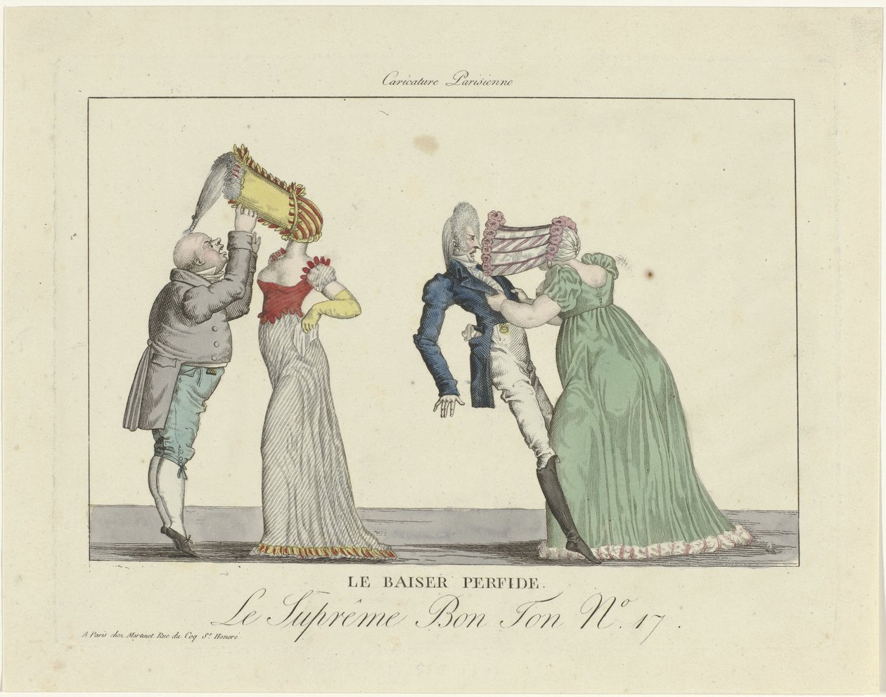 Den högsta Bon Ton. Karikatyr Parisienne, 1800-1815, nr 17: Den förrädiska kyssen. av Anonymous