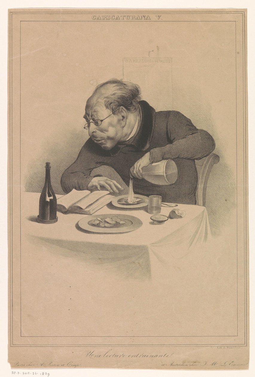 läsande man Une lecture entraînante (titel på objekt) Karikatyrer (av förlagen Pontin och Eigeman) (serietitel) Caricaturana (serietitel på objekt) av Anonymous