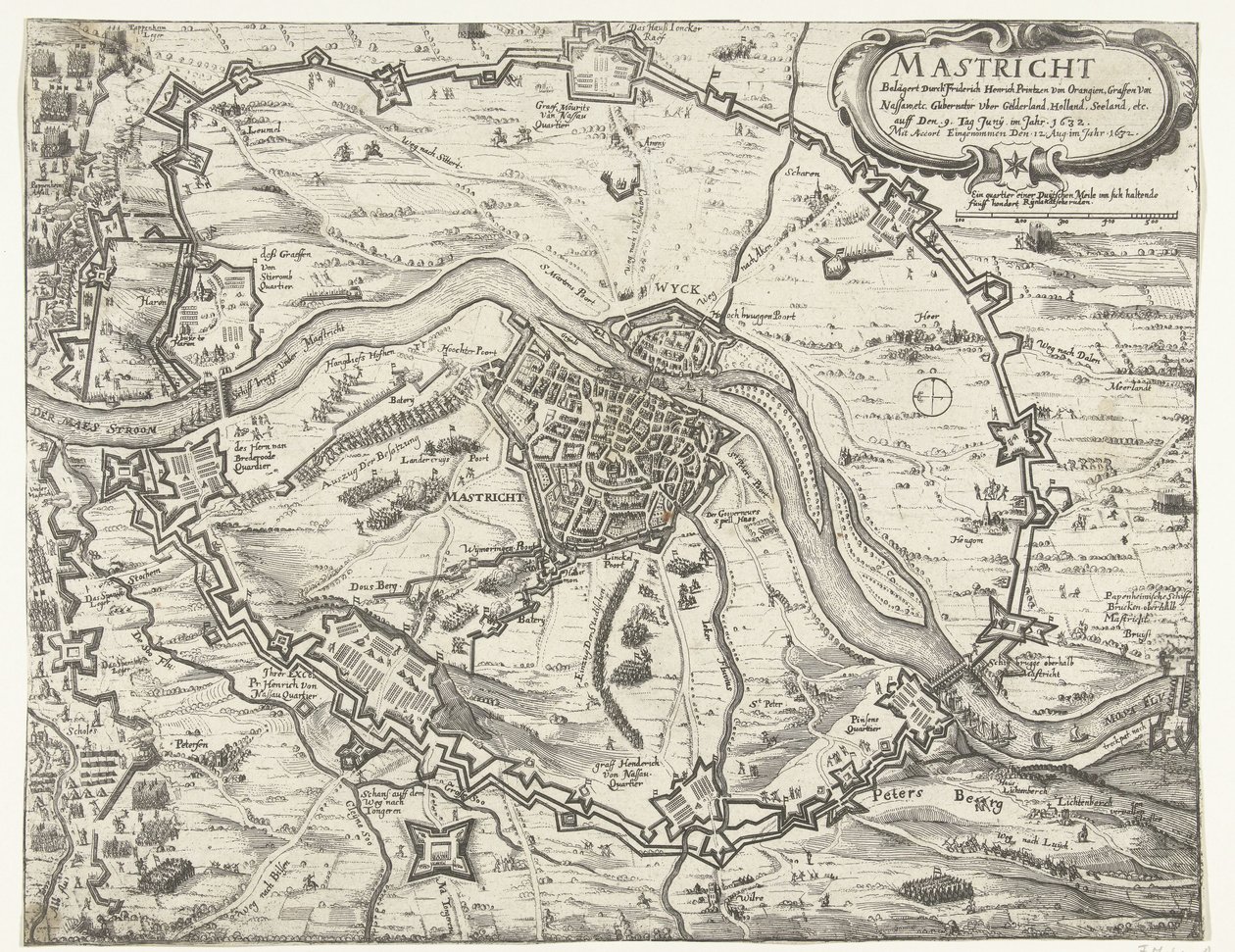 Maastricht ockuperat av Frederik Hendrik, 1632 Maestricht belägrad av Friderich Henrich Printzen von Orangien (...) den 9 juni år 1632. Tagen med Accort den 12 augusti år 1632 (titel på objekt) av Anonymous