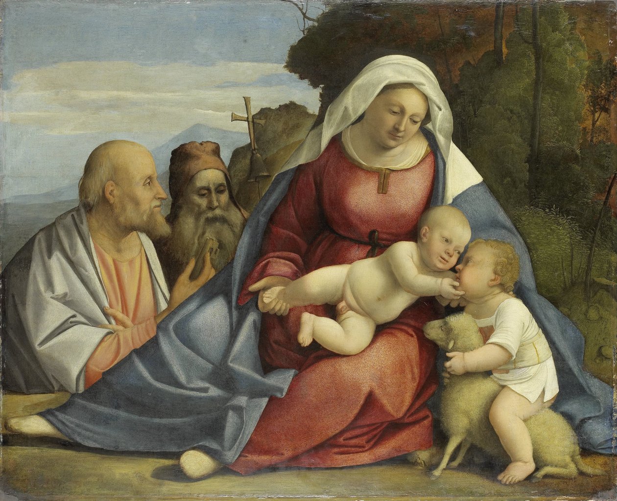 Madonna och barnet med spädbarnet Johannes döparen och de heliga Peter och Antonius av Anonymous