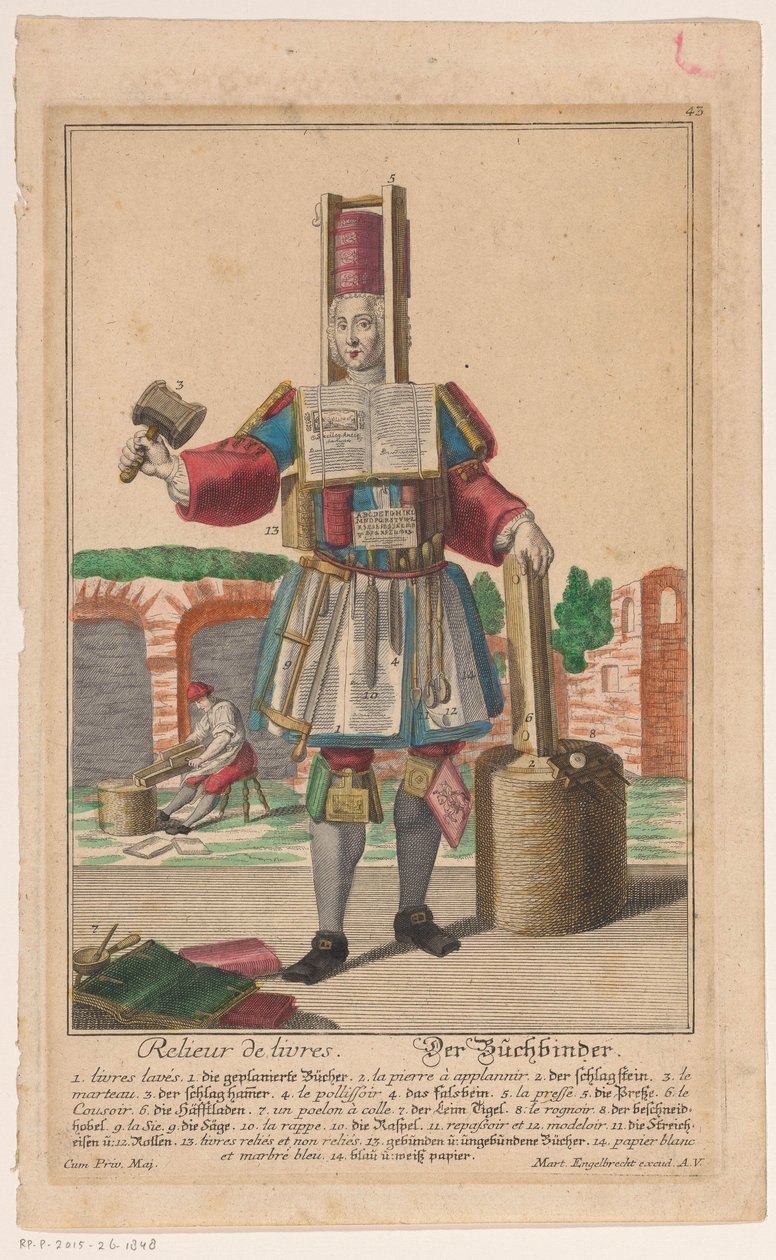 Man i en kostym av bokbinderiverktyg Relieur de livres / Der Buchbinder (titel på objekt) av Anonymous