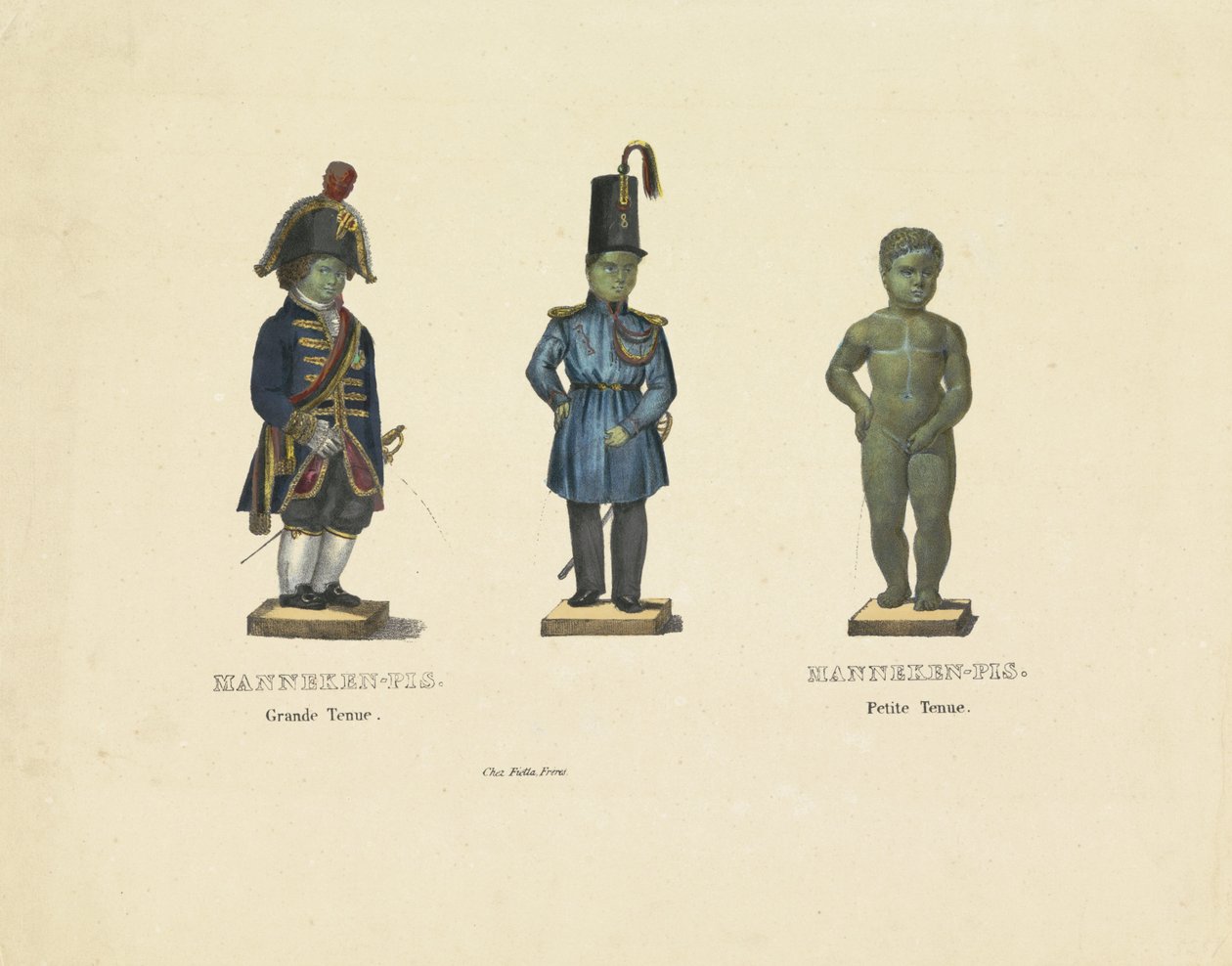 Manneken Pis i olika kläder, 1817 Manneken-Pis. Grand outfit. Manneken-Pis. Petite outfit (titel på objekt) av Anonymous