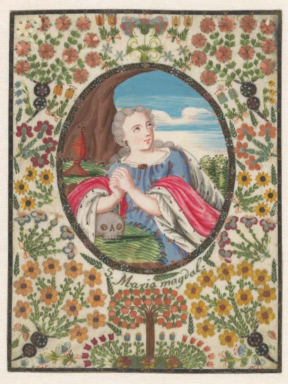 Maria Magdalena i oval med blomkant runt av Anonymous