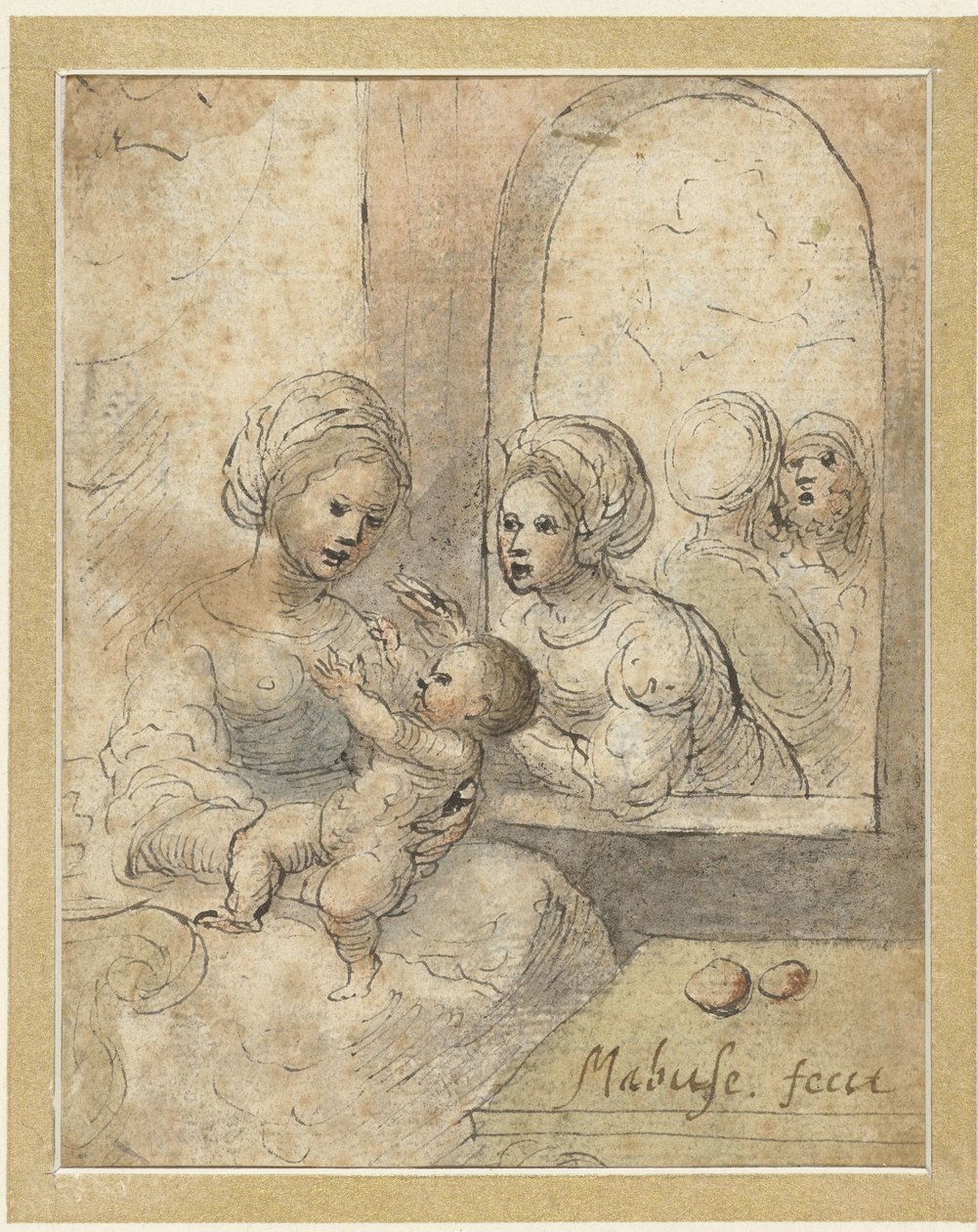 Mary med barn och tre andra figurer av Anonymous
