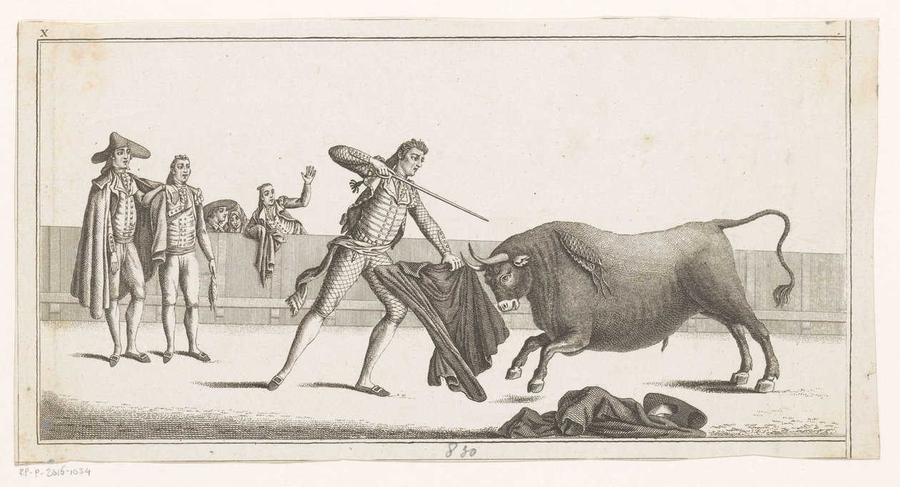 Matador utmanar en tjur Coleccion de las principales suertes de una corrida de toros (serietitel på objekt) Samling av de viktigaste tjurfäktningsmanövrarna (serietitel) av Anonymous