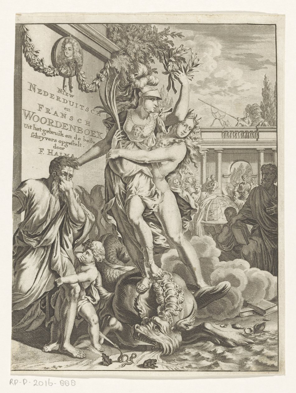 Minerva trampar eldsprängande sjöodjur Ny lågtyska och franska ordbok (titel på objekt) Titelsida för: François Halma, Dictionary of Dutch and French Languages, 1710 av Anonymous