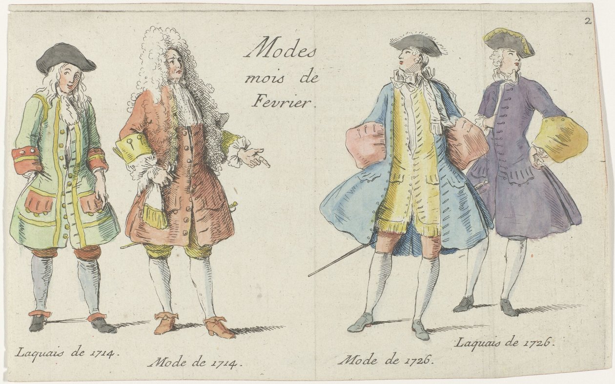 Modes Mois de Fevrier (titel på objekt) Fyra män klädde sig enligt modet 1714 och 1726 Mercure de France (serietitel) av Anonymous