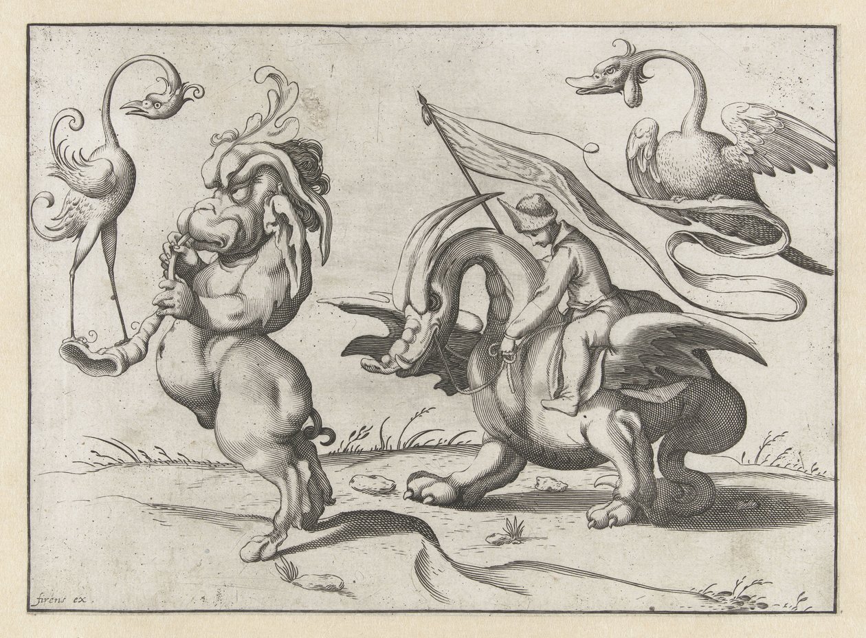 Monster med trumpet och typ av trana Groteska figurer omgivna av en ramlinje (serietitel) av Anonymous