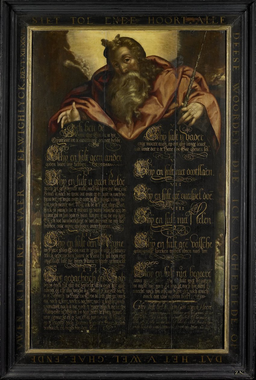 Moses visar lagens tabeller med de tio budorden i kalligrafi av Anonymous