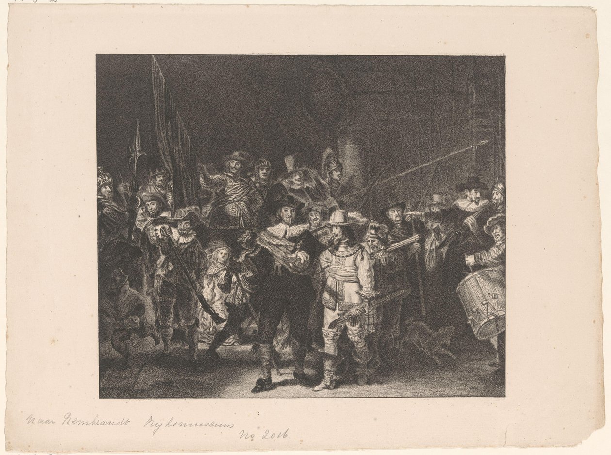 Officerare och andra beväpnade män från distrikt II i Amsterdam ledda av kapten Frans Banninck Cocq och löjtnant Willem van Ruytenburch, känd som "Nattvakten" av Anonymous