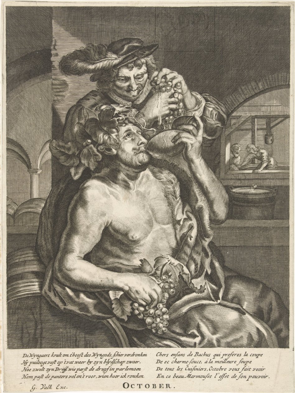Oktober: Bacchus dricker vin oktober (titel på objekt) De tolv månaderna (serietitel) av Anonymous
