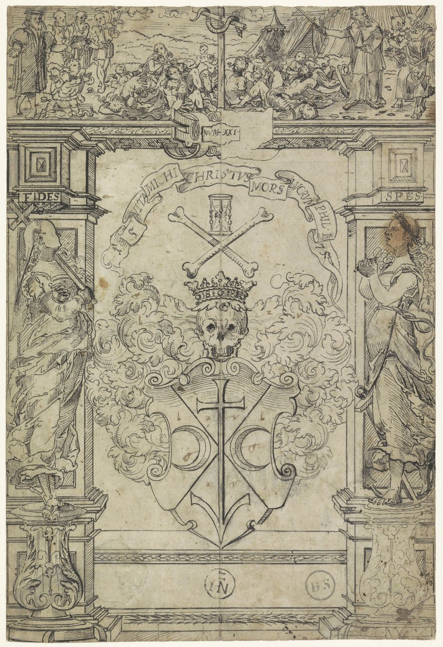 Design för ett målat glasfönster med en vapensköld, figurerna Fides och Spes, och Moses och kopparormen av Anonymous