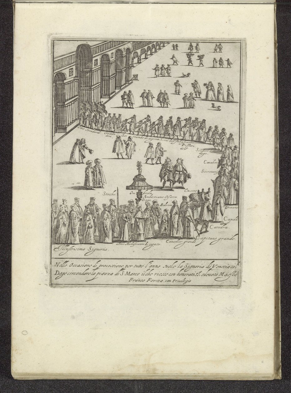 Optocht med de doge en Serenissima Signoria över San Marcoplein te Venetië Scènes uit het Venetiaanse leven (serietitel) Habiti d