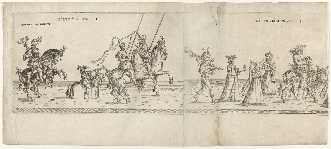 Parad med utklädda karaktärer, inklusive ryttaren Bernhart von Ahren, en åsna med spott, Janus, Bacchus på en åsna och två musiker Die neunde del I och II (titel på objekt) Festlig procession med August, kurfursten av Sachsen, klädd som en bonde ( av Anonymous