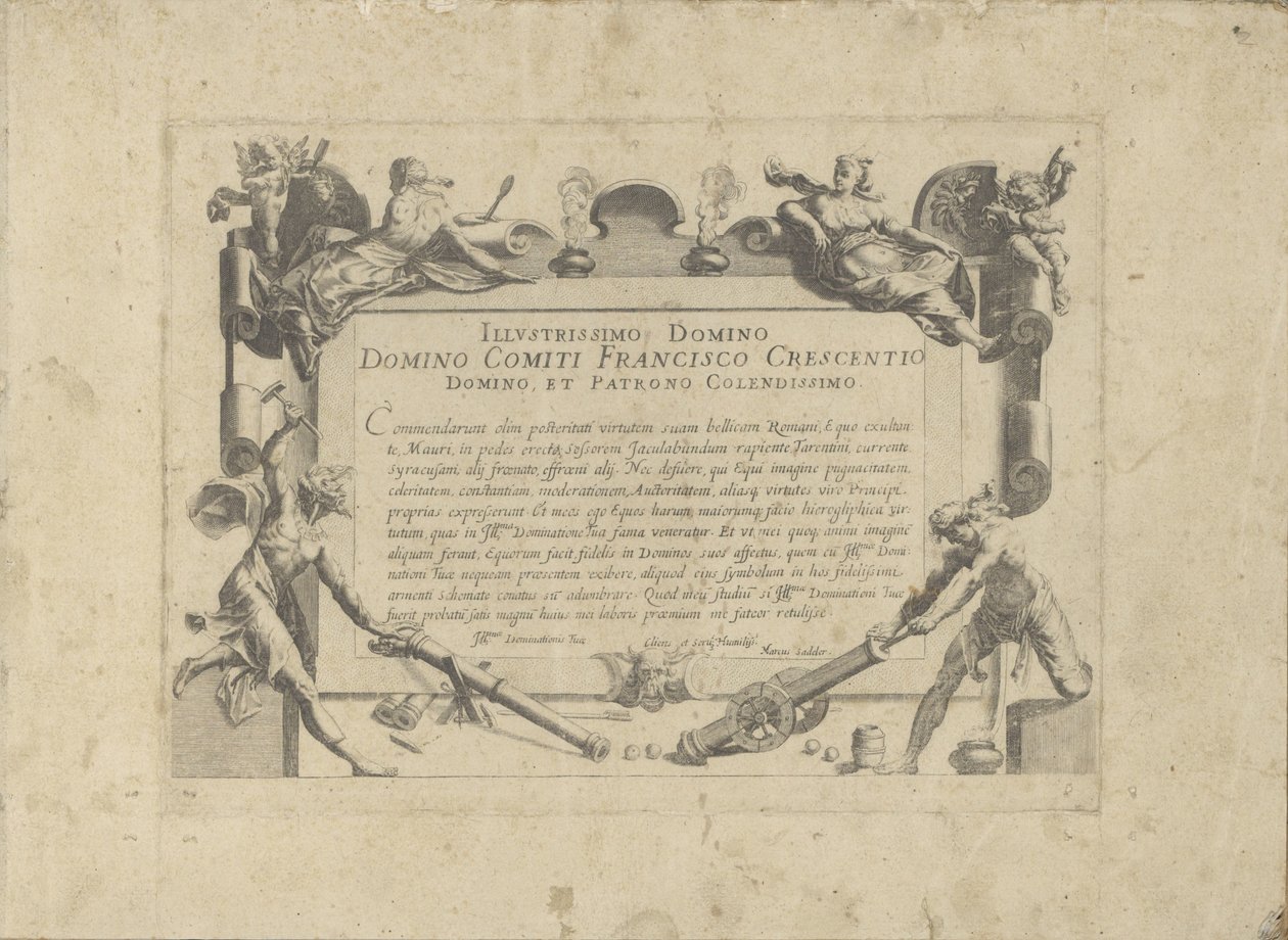 Ornamenteel cartouche met aan de schilder Francesco Crescenzi Hästen, där alla typer av adelsmän: beteendet hos hästar som skiljer sig från olika delar av världen utvalda (...) (serietitel på objekt) av Anonymous