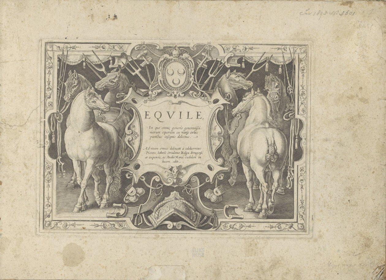 Ornamenteel cartouche met titel geflankeerd genom paarden Hästen, där alla typer av adelsmän: beteendet hos hästar som skiljer sig från olika delar av världen utvalda (...) (serietitel på objekt) av Anonymous